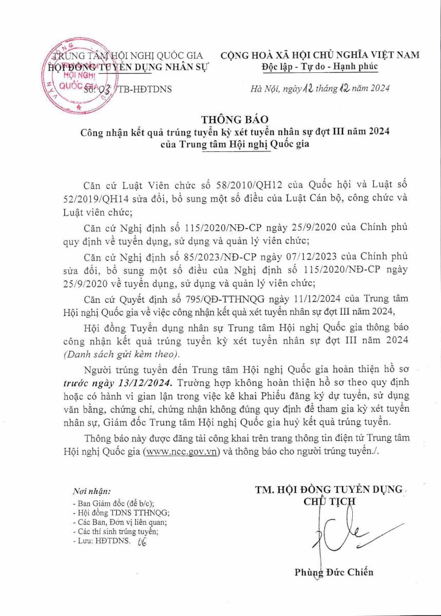 Thông báo Công nhận kết quả trúng tuyển kỳ xét tuyển nhân sự đợt III năm 2024 của Trung tâm Hội nghị Quốc gia