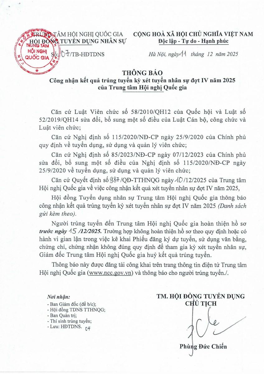 Thông báo Công nhận kết quả trúng tuyển kỳ xét tuyển nhân sự đợt IV năm 2025 của Trung tâm Hội nghị Quốc gia