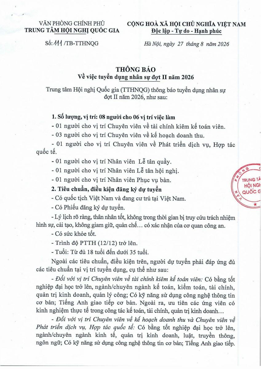 Thông báo Tuyển dụng nhân sự đợt II năm 2026