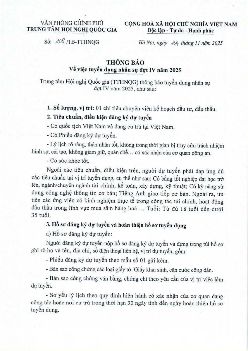 THÔNG BÁO TUYỂN DỤNG NHÂN SỰ ĐỢT IV NĂM 2025