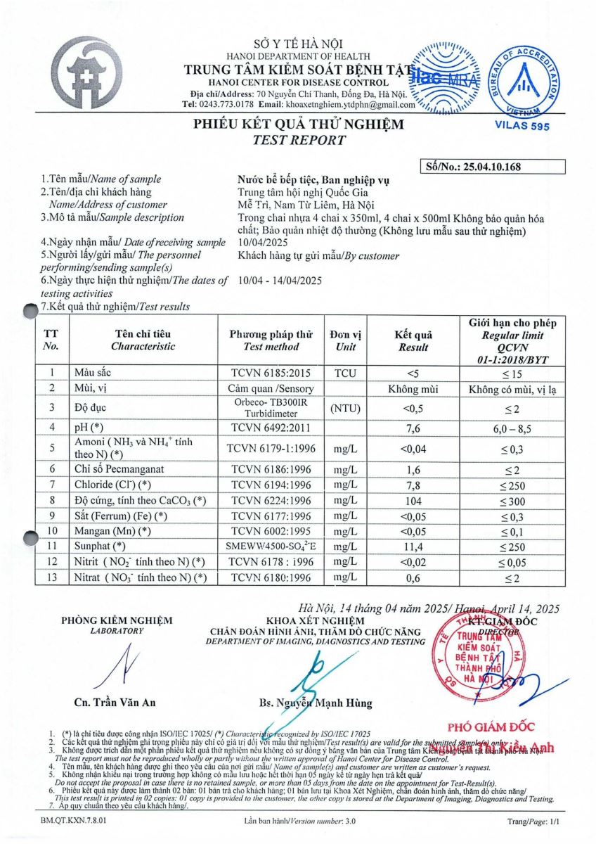 Kết quả xét nghiệm nước của Trung tâm Hội nghị Quốc gia năm 2025
