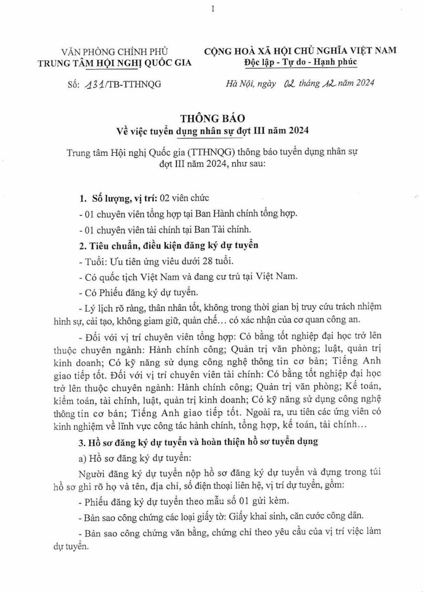 THÔNG BÁO TUYỂN DỤNG NHÂN SỰ ĐỢT III NĂM 2024