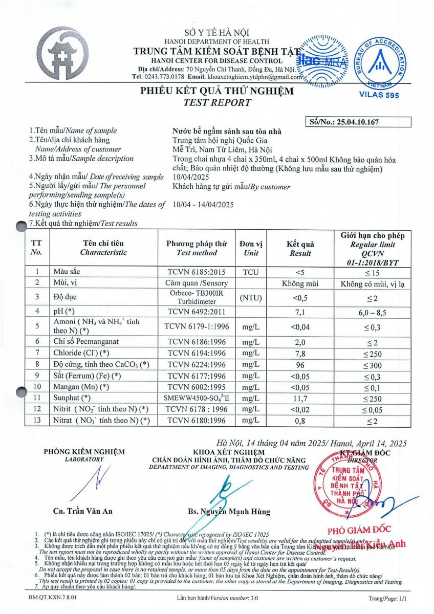 KẾT QUẢ XÉT NGHIỆM NƯỚC
