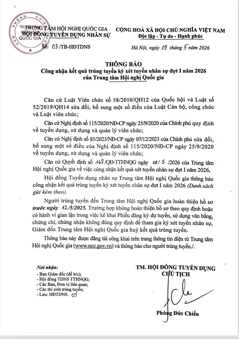 Thông báo Công nhận kết quả trúng tuyển kỳ xét tuyển nhân sự đợt I năm 2026 của Trung tâm Hội nghị Quốc gia