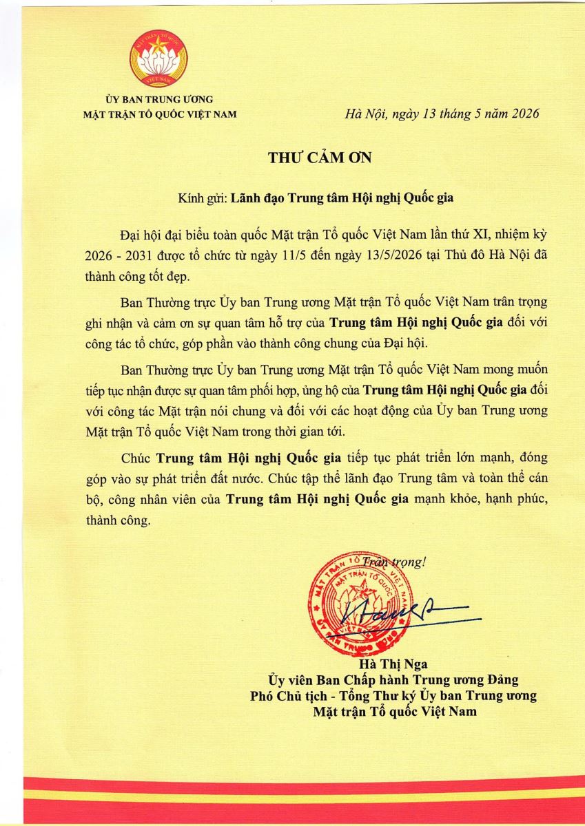 Trung tâm Hội nghị Quốc gia vinh dự nhận được Thư cảm ơn từ Ủy ban Trung ương Mặt trận Tổ quốc Việt Nam